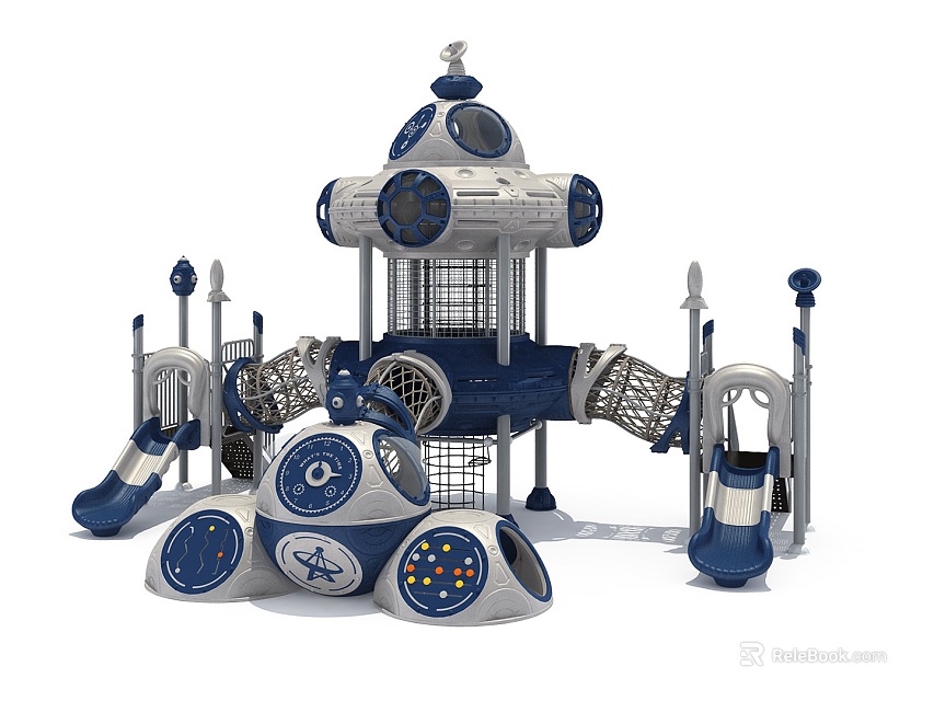 Space Themed Playground Equipment With Climbing Net Slides And Interactive Structures 3d model 