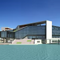 Modern Library Building Featuring Glass Facade Waterfront Setting And Geometric Design 3d model