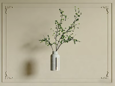 White Minimalist Vase With Green Branches On Beige Wall In Decorative Frame 3d model