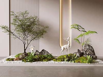 Natural Plant Combination With Tree Fern Moss Rocks White Deer Statue And Lantern Decor 3d model