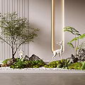 Natural Plant Combination With Tree Fern Moss Rocks White Deer Statue And Lantern Decor