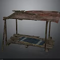 Wooden Street Vendor Stall with Red Canopy Blue and White Checkered Cloth Platform and Wheels