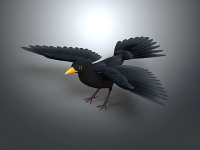 Black Bird With Spread Wings Yellow Beak Red Claws Against Gray Background And Light Source 3d model
