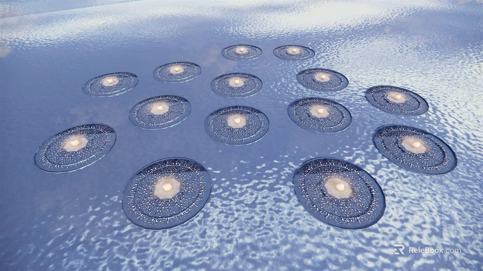 Circular Decorative Lights On Blue Water Surface With Soft Light And Rippled Halos 3d model 