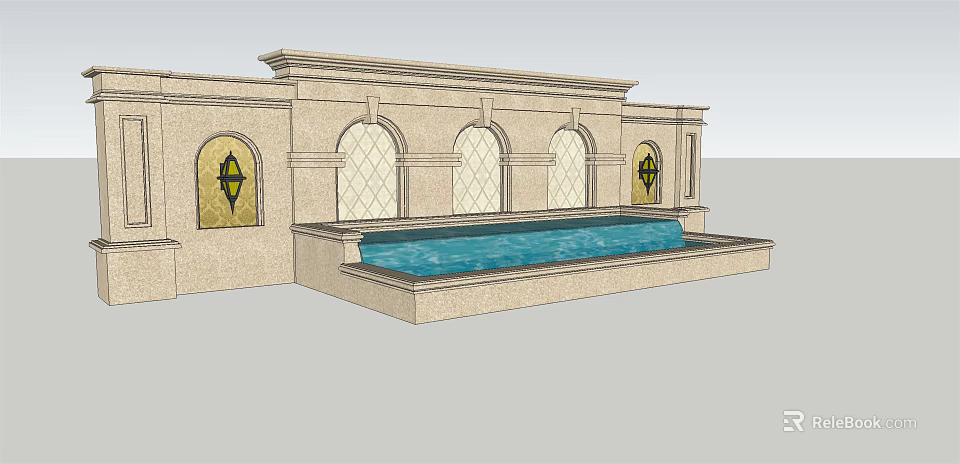Classical Stone Feature Wall With Arched Windows And Central Water Pool 3d model