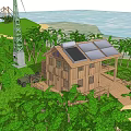 Wooden Stilt Guesthouse Building With Balcony Green Plants And Wind Turbine