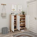 Modern White And Wooden Shoe Cabinet In Entryway With Decorative Art And Stool