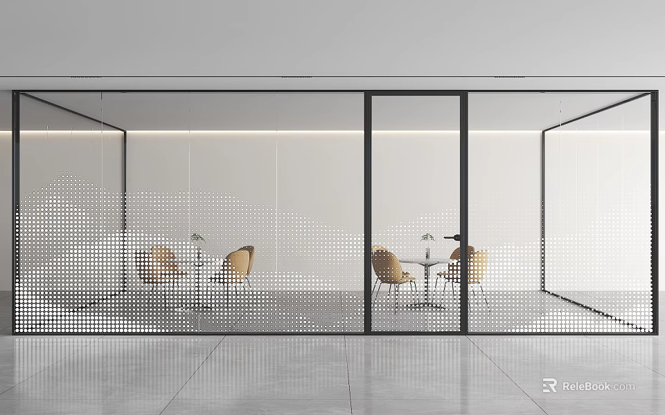 Modern Perforated Glass Partition In Office Space With Black Frame And Tables 3d model 