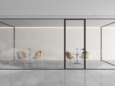 Modern Perforated Glass Partition In Office Space With Black Frame And Tables 3d model