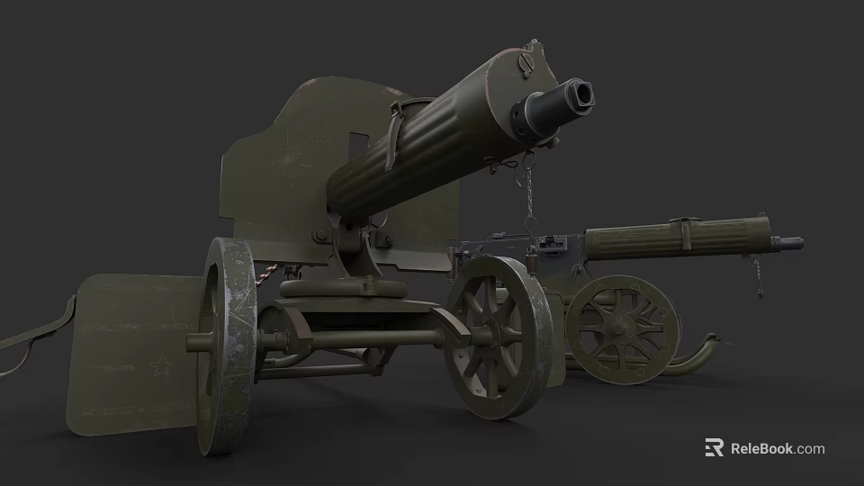 Vintage Military Artillery Cannon With Wooden Wheels Long Barrel And Metal Carriage 3d model 
