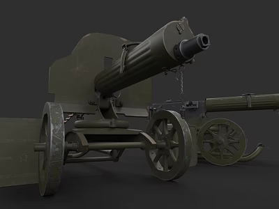 Vintage Military Artillery Cannon With Wooden Wheels Long Barrel And Metal Carriage 3d model