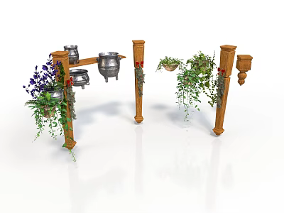 Ornamental Decorative Structure With Wooden Pillars Hanging Planters Metal Containers And Green Plants 3d model
