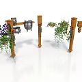 Ornamental Decorative Structure With Wooden Pillars Hanging Planters Metal Containers And Green Plants