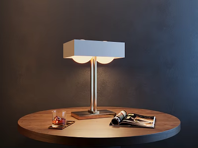Modern Table Lamp With Square Shade Two Round Bulbs On Wooden Table With Magazines And Glass Tray 3d model