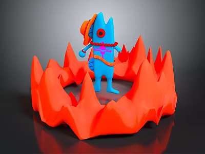 Blue Game Movie Character With Red Eyes And Orange Accessory In Red Flame Like Surroundings 3d model