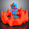 Blue Game Movie Character With Red Eyes And Orange Accessory In Red Flame Like Surroundings