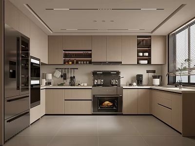 Modern Open Kitchen Interior Design With Wooden Cabinets Island Counter And Stainless Steel Appliances 3d model