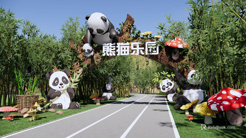 Panda Park Entrance Gate With Playful Panda Sculptures Mushroom Decor And Bamboo Surroundings 3d model 