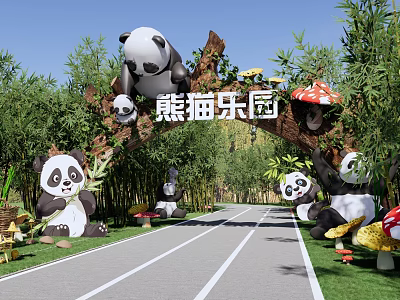 Panda Park Entrance Gate With Playful Panda Sculptures Mushroom Decor And Bamboo Surroundings 3d model