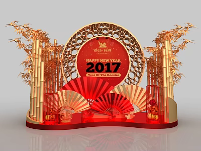 Festive Decorative Scene with Golden Bamboo Red Circular Decoration Fans And Lanterns 2017 3d model