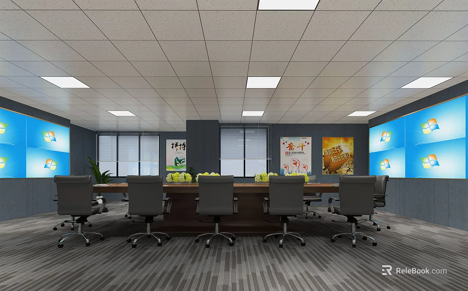 Spacious Conference Room With Long Table Gray Chairs Blue Wall Decorations And Square Ceiling Lights 3d model