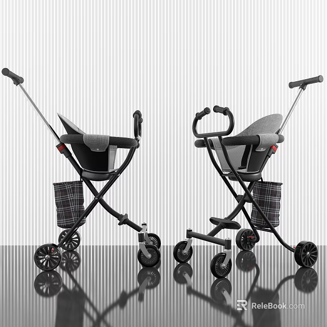 Two Modern Baby Strollers With Gray Seats Black Frames And Storage Baskets 3d model 