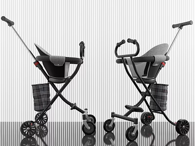 Two Modern Baby Strollers With Gray Seats Black Frames And Storage Baskets 3d model