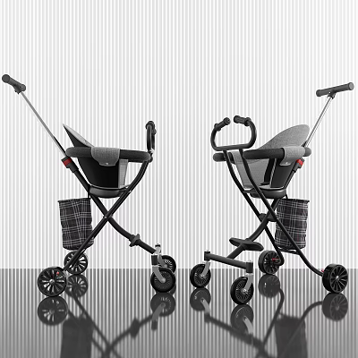 Two Modern Baby Strollers With Gray Seats Black Frames And Storage Baskets 3d model
