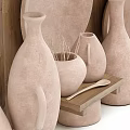 Natural Ceramic Vessels Jars Plates and Cups on Wooden Shelves