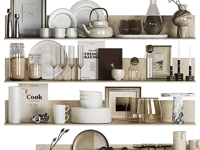 Stylish Tableware Set Including Plates Cups Teapot And Glassware On Display Shelves 3d model