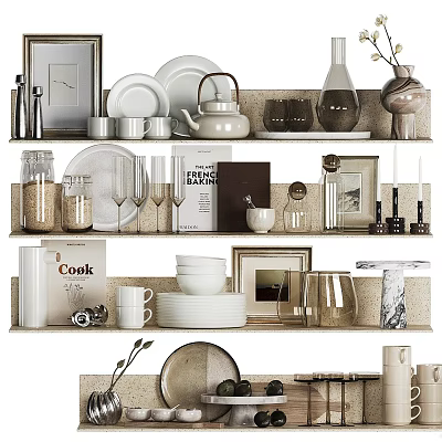Stylish Tableware Set Including Plates Cups Teapot And Glassware On Display Shelves 3d model