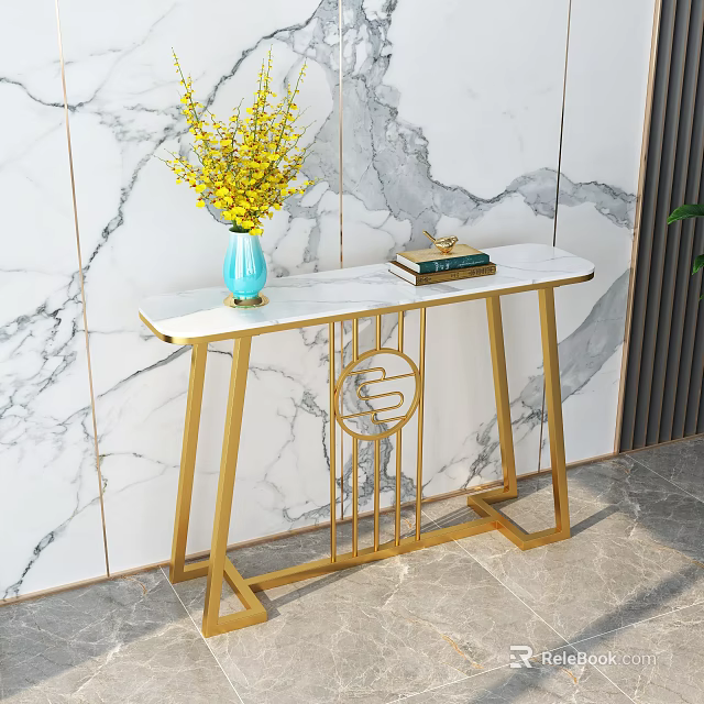 Modern Entryway Cabinet Sideboard With Marble Countertop Golden Frame Blue Vase Yellow Flowers And Books 3d model 