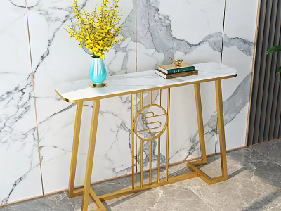 Modern Entryway Cabinet Sideboard With Marble Countertop Golden Frame Blue Vase Yellow Flowers And Books 3d model