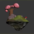 Miniature Garden Scene With Pink Tree Green Grass Rocks Water Pond And Red Mushrooms