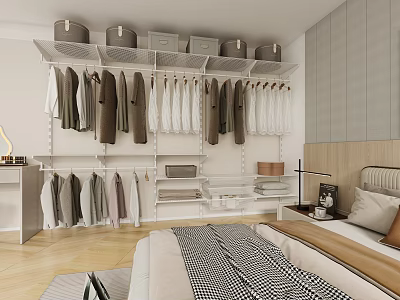Modern Walk In Closet In Bedroom With Hanging Clothes And Storage Boxes 3d model