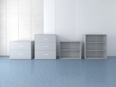 Modern Gray Bookcases With Drawers And Open Shelves On Blue Floor 3d model