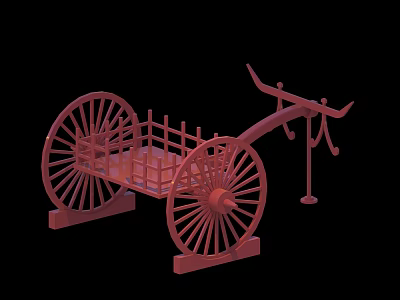 Ancient Weapon Red Wooden Chariot with Large Spoked Wheels and Cage Structure 3d model