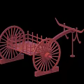 Ancient Weapon Red Wooden Chariot with Large Spoked Wheels and Cage Structure