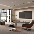 Modern Living Room Interior with Large TV Wall Brown Armchair Coffee Table and Large Windows
