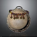 Traditional Hand Drum Featuring Natural Drumhead Decorative Metal Rings And Colorful Strings