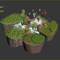 Floating Islands Covered with Green Grass and Rock Formations Amid White Clouds