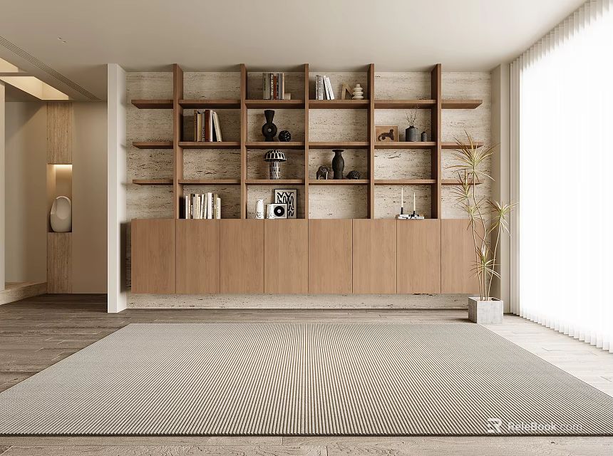 Modern Wooden Open Bookshelf In Interior With Books Decorations Plant And Carpet 3d model 