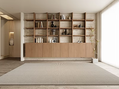Modern Wooden Open Bookshelf In Interior With Books Decorations Plant And Carpet 3d model