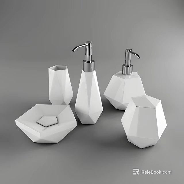 Modern White Geometric Bathroom Accessories Set With Soap Dispensers Cup And Storage Box 3d model 