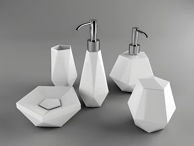 Modern White Geometric Bathroom Accessories Set With Soap Dispensers Cup And Storage Box 3d model