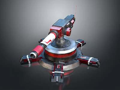 Mechanical Turret Weapon With Red And Silver Metal Barrel Base Design 3d model