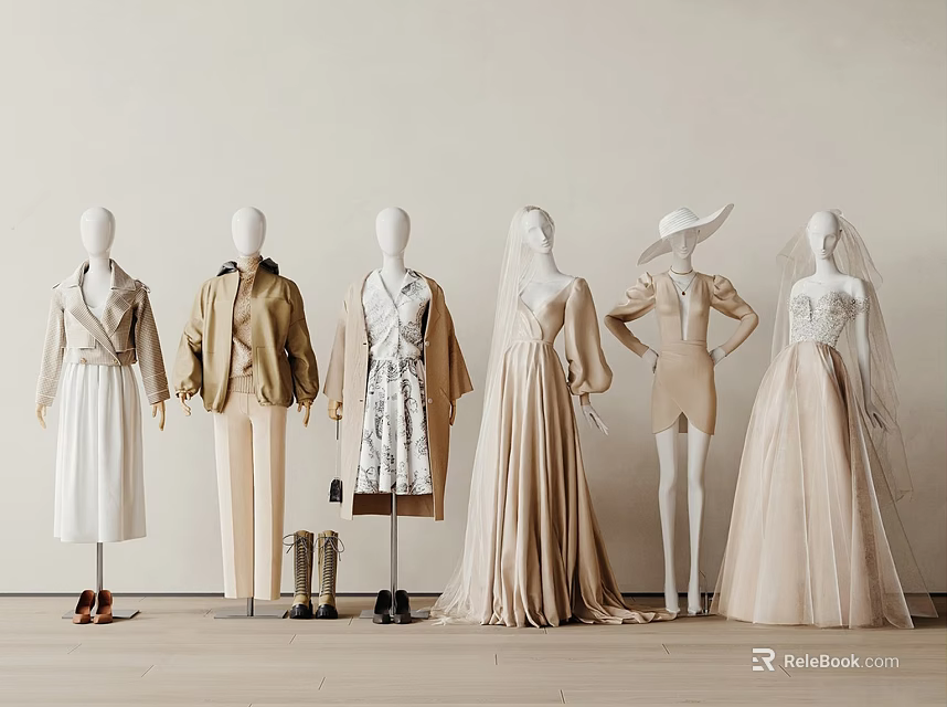Mannequins In Stylish Beige White And Brown Outfits With Hats Boots And Long Dresses 3d model 