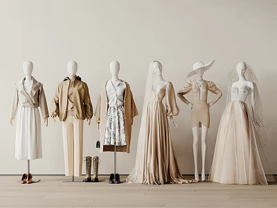 Mannequins In Stylish Beige White And Brown Outfits With Hats Boots And Long Dresses 3d model