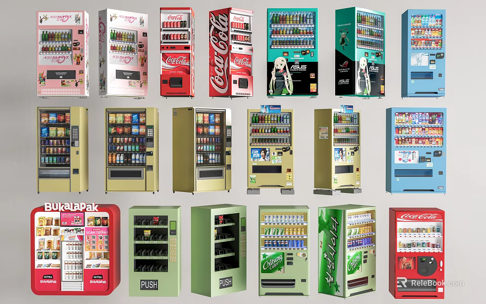Commercial Beverage Vending Machines Featuring Various Brands Colors And Designs 3d model 