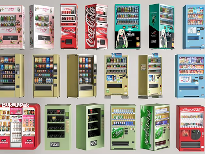 Commercial Beverage Vending Machines Featuring Various Brands Colors And Designs 3d model